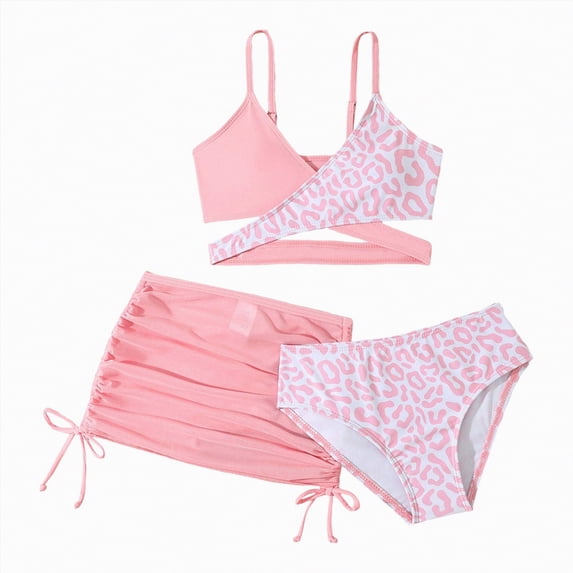 NIEWTR Girls Swimwear 3-Piece Swimsuit Set Tank Top Shorts Skirt Lightweight Water Play Outfit(Pink,9-10 Years)