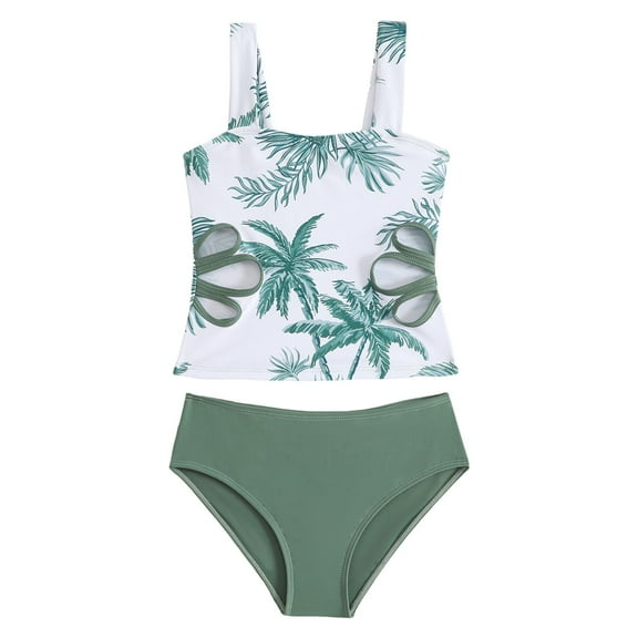 NIEWTR Girls Tankini Swimsuit Two Piece Bathing Suits For Girls Waist Cutout Tropical Print Swimwear Swimwear Beach Bathing Suit for Summer Vacation 8-9 Years AG