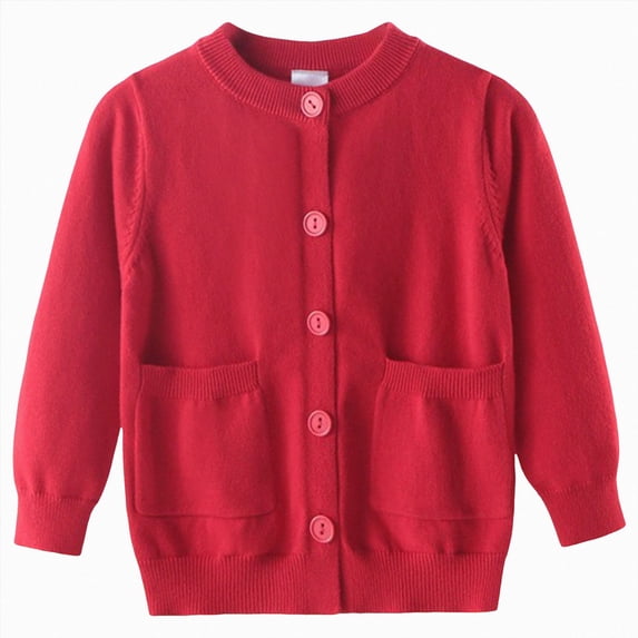 NIEWTR Girls and Toddlers' Uniform Slim Fit Crewneck Cardigan Sweater Kids Fall Winter Clothes Crewneck Lightweight Button-up Cardigan(A-Red,3-4 Years)