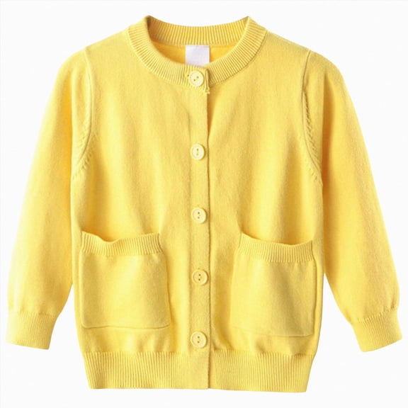 NIEWTR Girls and Toddlers' Uniform Slim Fit Crewneck Cardigan Sweater Kids Fall Winter Clothes Crewneck Lightweight Button-up Cardigan(A-Yellow,6-7 Years)