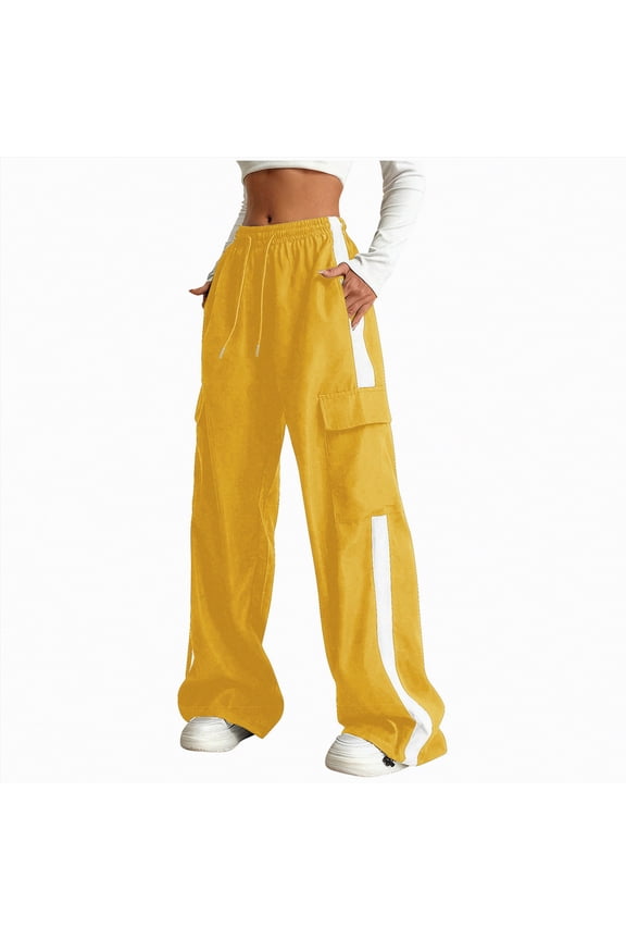 Girls Wide Leg Cargo Pants Baggy High Waisted with Cargo Pockets and Adjustable Drawstring Y2K Streetwear Spring Fashion(A01-Yellow,15-16 Years)