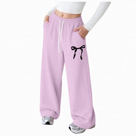 NIEWTR Girls Wide Leg Casual Joggers Loose Fit Lounge Sweatpants Elastic Waist Drawstring with Pockets Comfortable Spring Pants(A01-Purple,11-12 Years)
