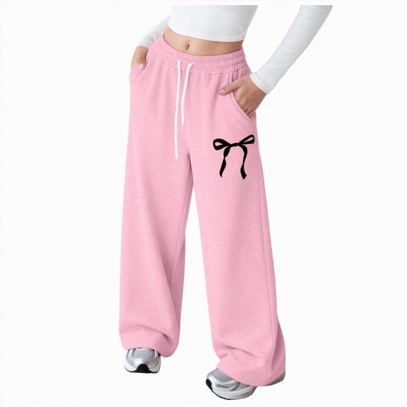 NIEWTR Girls Wide Leg Casual Joggers Loose Fit Lounge Sweatpants Elastic Waist Drawstring with Pockets Comfortable Spring Pants(A01-Pink,13-14 Years)