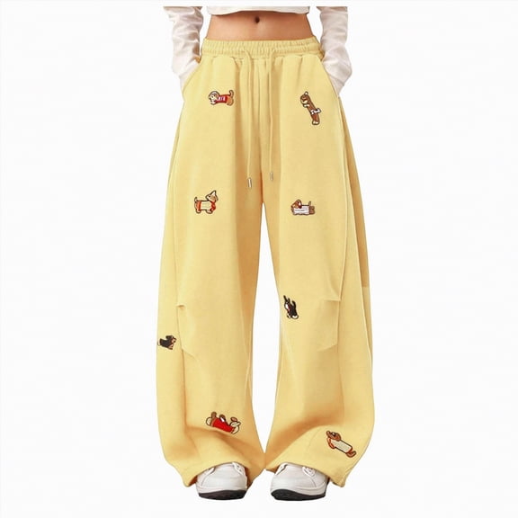 NIEWTR Girls Wide Leg Casual Pants Loose Fit Lounge Sweatpants Elastic High Waist Drawstring Soft Joggers for Everyday Spring（A01-Yellow,S)