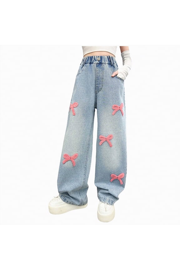 Girls Wide Leg High Waisted Jeans Baggy Fit Denim Pants Cute Y2K Aesthetic Casual Spring Street Pants(Pink,6-7 Years)