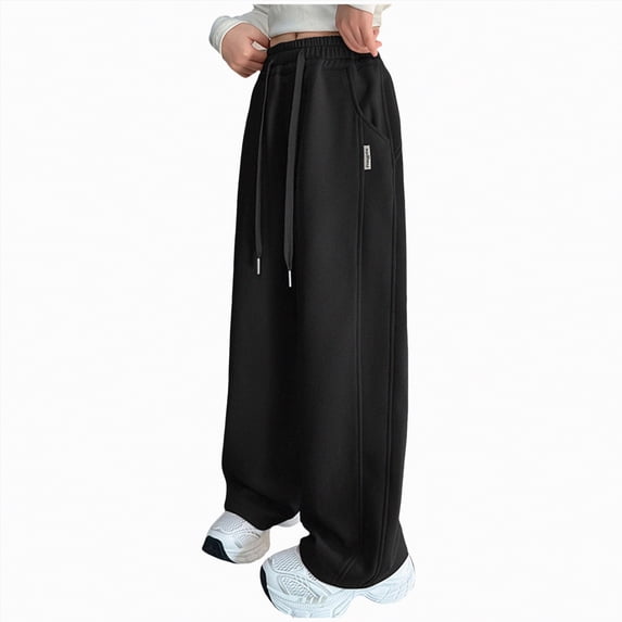 NIEWTR Girls Wide Leg Sweatpants Loose Fit Casual Lounge Pants Elastic Waist Drawstring Joggers with Pockets for Home Wear(A01-Black,8-9 Years)
