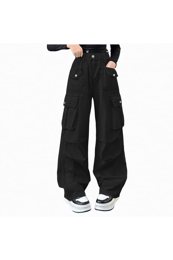 Girls Y2K Fashion Cargo Pants High Waisted Wide Leg Baggy Trousers with Multiple Pockets and Elastic Waist Spring Style（A01-Black,6-7 Years)
