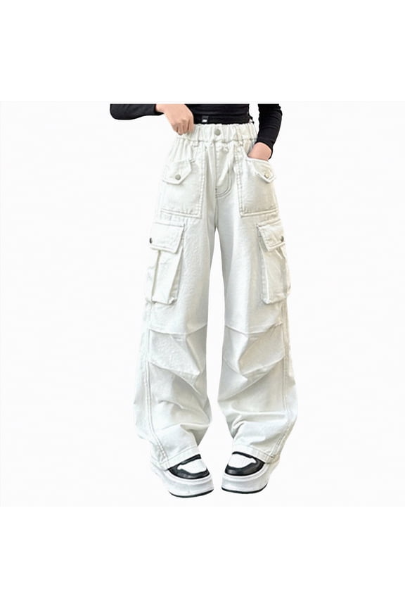 Girls Y2K Fashion Cargo Pants High Waisted Wide Leg Baggy Trousers with Multiple Pockets and Elastic Waist Spring Style(A01-White,6-7 Years)