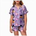 thumbnail image 1 of NIEWTR Halloween Girls' Satin Pajamas 2 Piece Short Sleeve Ghost Pumpkin Shirts Shorts Loungewear Sets Casual Sleepwear Button Down Pj Sets for Girls, 1 of 5