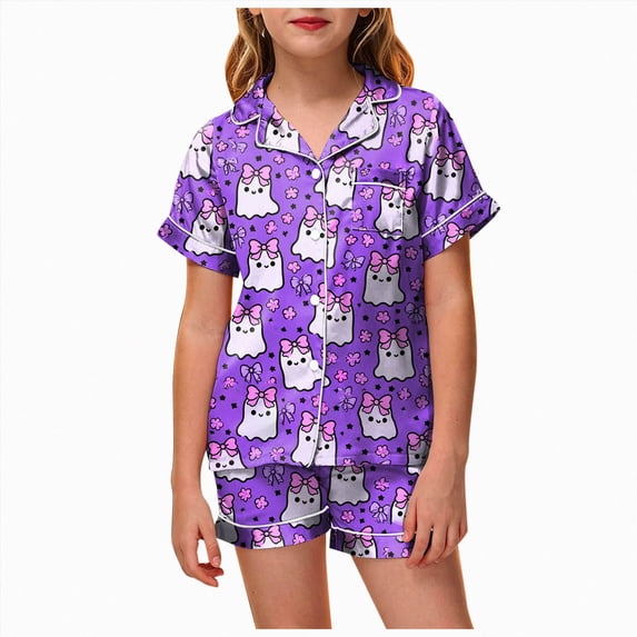 NIEWTR Halloween Girls' Satin Pajamas 2 Piece Short Sleeve Ghost Pumpkin Shirts Shorts Loungewear Sets Casual Sleepwear Button Down Pj Sets for Girls