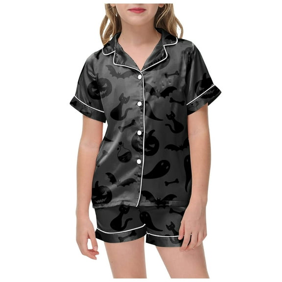 NIEWTR Halloween Pajamas Sets for Girl Short Sleeve Button Down Pjs Funny Halloween Graphic Soft Sleepwear Outfits Girls Halloween Pajamas Shorts Sets (4-5 Years,Grey)