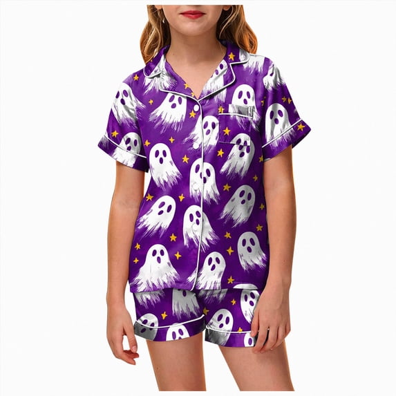 NIEWTR Halloween Pajamas Toddler Girls Halloween Pajamas Sets Sleeping Pants Cute Print Home Short Sleeve Shorts Pajama Set Full Suit Clothes