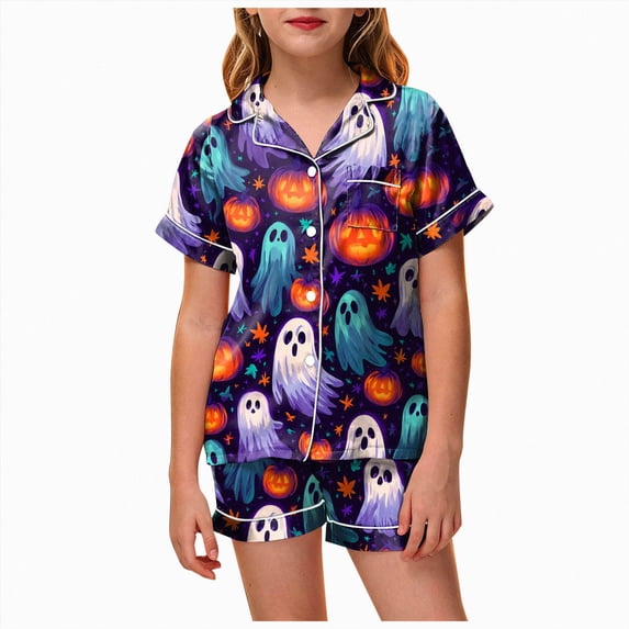 NIEWTR Halloween Pajamas Toddler Girls Halloween Pajamas Sets Sleeping Pants Cute Print Home Short Sleeve Shorts Pajama Set Full Suit Clothes