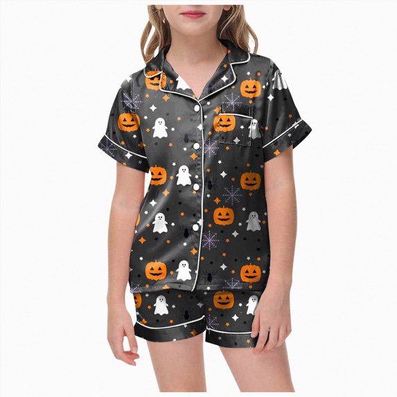 NIEWTR Halloween Pjs Girls 2 Piece Pumpkin Ghost Sleepwear Short Sleeve Jammies for Kids Button-Down Nightwear Girls' Pajama Sets