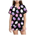 thumbnail image 1 of Caqnni Halloween Pjs Girls Satin Pajamas Set Pumpkin Print Short Sleeve Button-Down Shirt and Shorts 2 Piece Sleepwear Girls Halloween Pajamas Sets (12-13 Years,Purple), 1 of 5