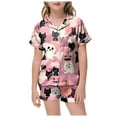 thumbnail image 1 of Caqnni Halloween Pjs Girls Satin Pajamas Set Pumpkin Print Short Sleeve Button-Down Shirt and Shorts 2 Piece Sleepwear Girls Halloween Pajamas Shorts Sets (4-5 Years,Pink), 1 of 5