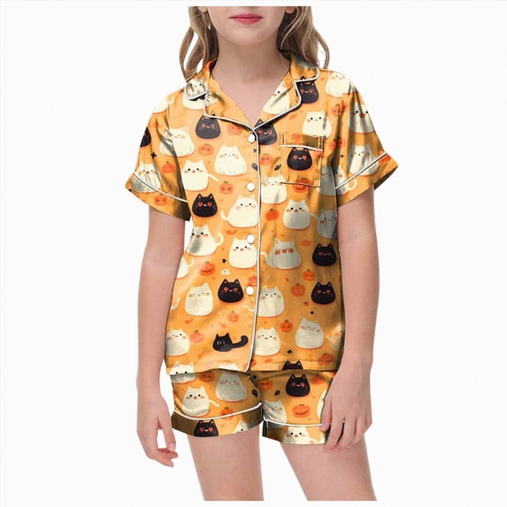 NIEWTR Halloween Pjs Toddler Girl Girls Halloween Pajamas Sets Sleeping Pants Cute Print Home Short Sleeve Shorts Pajama Set Full Suit Clothes
