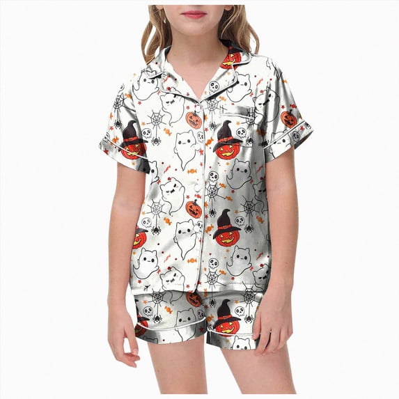 NIEWTR Halloween Pjs Toddler Girl Girls Halloween Pajamas Sets Sleeping Pants Cute Print Home Short Sleeve Shorts Pajama Set Full Suit Clothes
