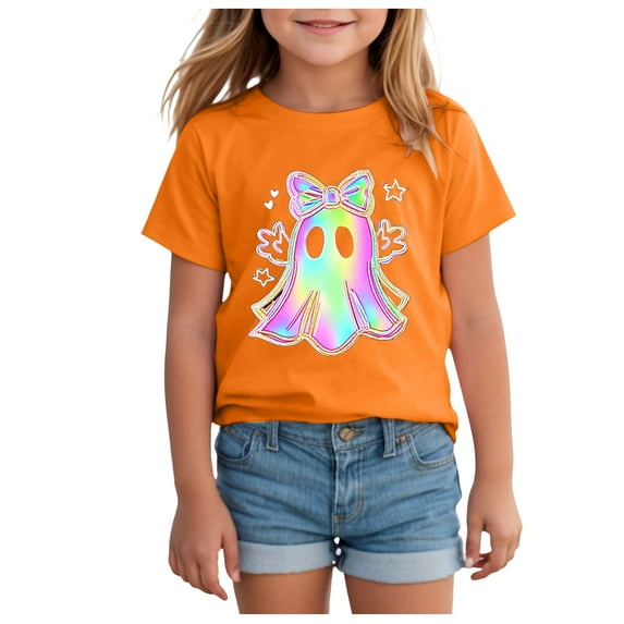 NIEWTR Halloween Shirts for Girls Fall Pumpkin Graphic Tees Thanksgiving Short Sleeve Shirt Autumn Holiday Tops Halloween T-Shirt (18-24 Months,Orange)