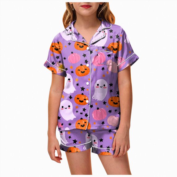 NIEWTR Halloween Short Sleeve Pajamas Set For Kids Girls Pumpkin Ghost Print Collared Tops and Shorts Pjs Set Breathable Relax Fit Kids Halloween 2 Pieces Nightwear