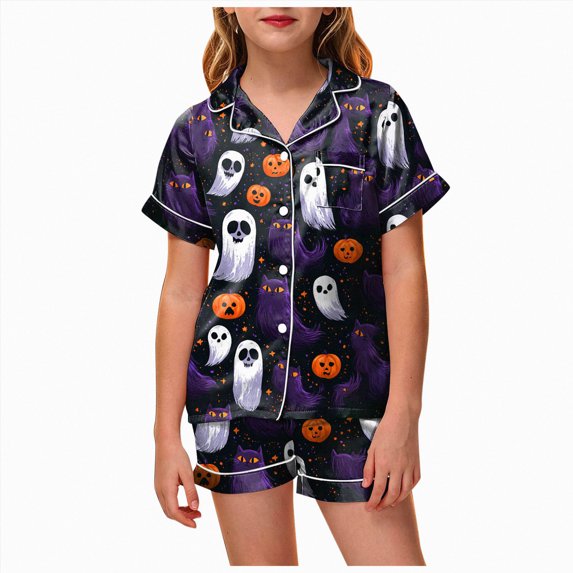 NIEWTR Halloween Short Sleeve Pajamas Set For Kids Girls Pumpkin Ghost Print Collared Tops and Shorts Pjs Set Breathable Relax Fit Kids Halloween 2 Pieces Nightwear