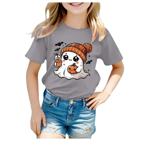 NIEWTR Halloween T Shirts for Girls Ghost Shirt Cute Gardening Plant Graphic Tee Spooky Season Shirt Casual Short Sleeve Top Halloween T-Shirt (3-4 Years,Grey)