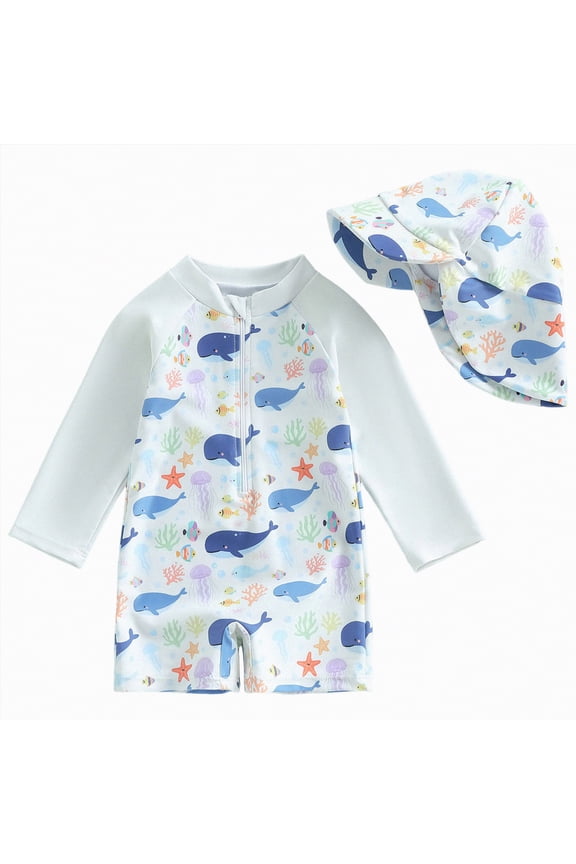 Infant Baby Boys Swimsuit One Piece Long Sleeve Rash Guard Zipper Bathing Suit Swimwear with Sun Cap Beachwear(A01-White,12-18 Months)
