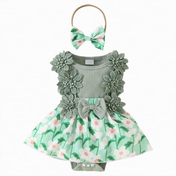 NIEWTR Infant Baby Girl Romper Dress Sleeveless Bow Flower Lace Tulle Dress Bodysuit Headband Newborn Summer Outfits(Green,3-6 Months)
