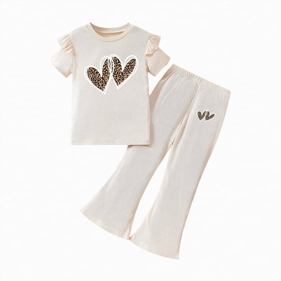 NIEWTR Kid Girl Outfits Girls 2 Piece Outfits Crew Neck Tops and Bell Bottom Pants Set Kids Heart Print T-Shirt Y2K Sets 3-7 Years(A-Beige,2-3 Years)