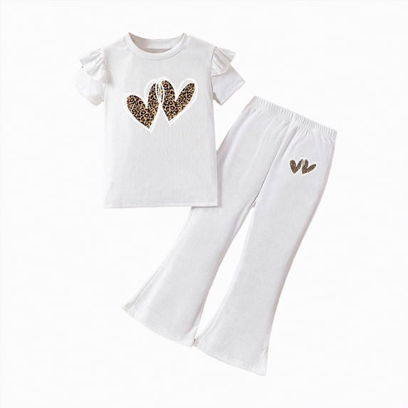NIEWTR Kid Girl Outfits Girls 2 Piece Outfits Crew Neck Tops and Bell Bottom Pants Set Kids Heart Print T-Shirt Y2K Sets 3-7 Years(A-White,5-6 Years)