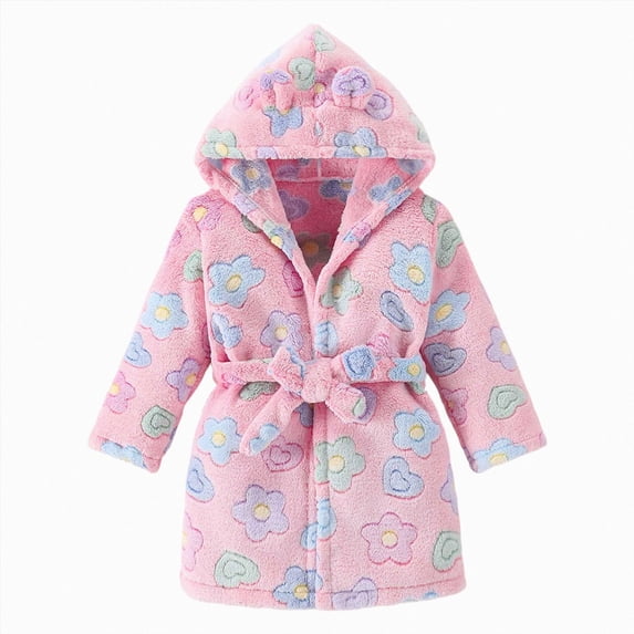 NIEWTR Kid's Baby Girl's Boys Flannel Robe Button Hooded Bathrobe Cartoon Print Toddler Cardigan Sleepwear for Fall Winter Soft Comfy Homewear(B-Sky Blue,6-7 Years)