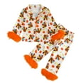thumbnail image 1 of NIEWTR Kids Christmas Pajamas Toddler Girl Santa Feather Trim Button Tops Pants Girls Bow Sleepwear Silk Satin Pjs Set Christmas Toddler Sets (12-18 Months,Orange), 1 of 6