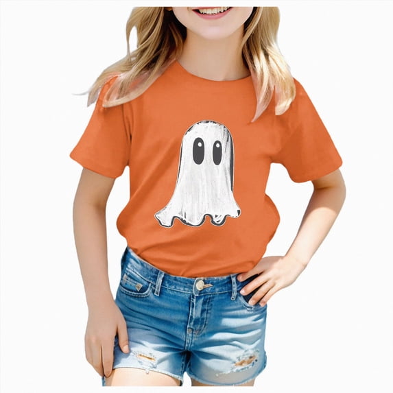 NIEWTR Kids Cute Halloween Ghost Pumpkin Graphic Crewneck T-Shirt, Boys Girls Short Sleeve Casual Summer Tee for Daily Holiday Party Wear(6-7 Years)