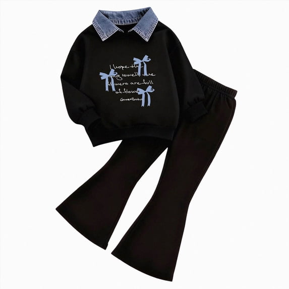 NIEWTR Kids Fall Winter Outfits Toddler Girl Clothes Set Print Patchwork Long Sleeve Sweatshirt and Fit Bell Bottom Pants