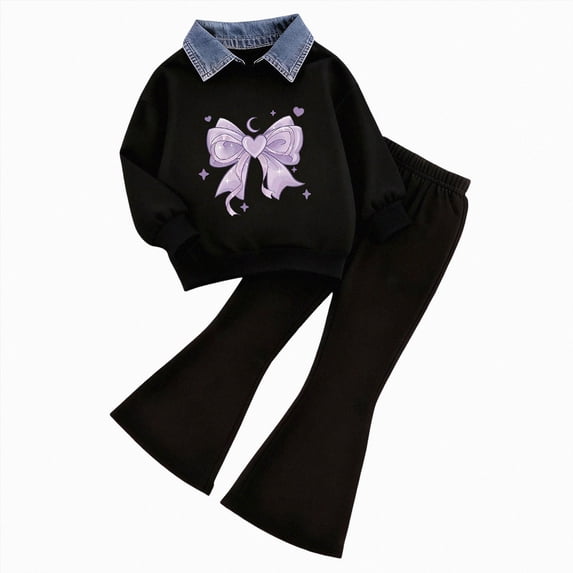 NIEWTR Kids Fall Winter Outfits Toddler Girl Clothes Set Print Patchwork Long Sleeve Sweatshirt and Fit Bell Bottom Pants