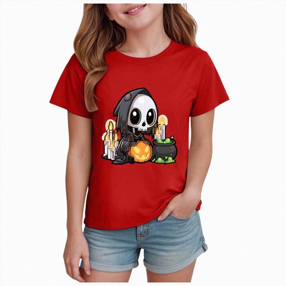 NIEWTR Kids Girl Halloween Cute and Fun T Shirt Fashion Short Sleeved T Shirt Casual and Simple Printed Short Sleeved Top,