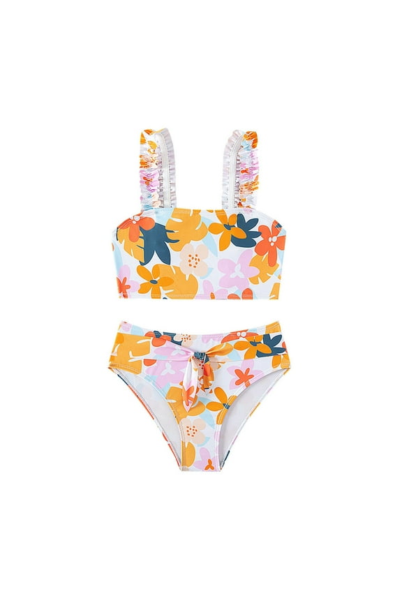 Kids Girl's Floral Print 2 Piece Swimsuit Swimwear Bathing Suit Cute Bikini Swimwear Beach Bathing Suit for Summer Vacation 11-12 Years Orange