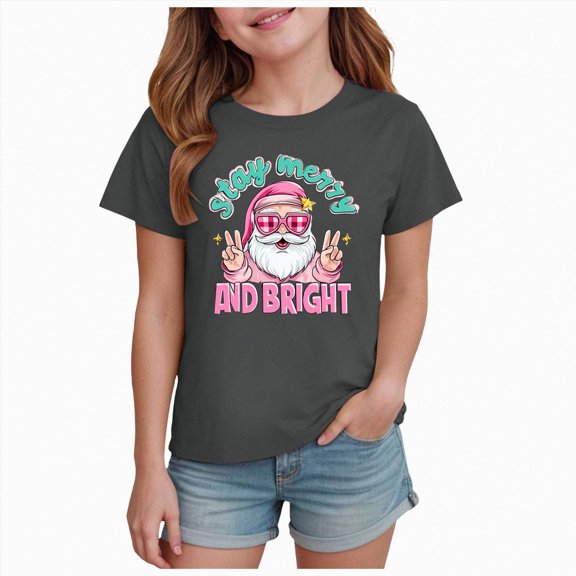 NIEWTR Kids Girls Merry Christmas Shirt Funny Xmas Graphic Short Sleeve Tee Holiday Family Party Matching Tops