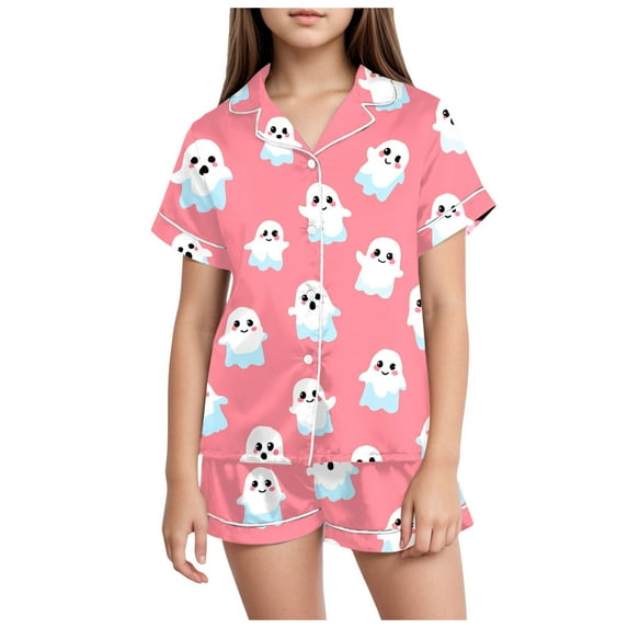 NIEWTR Kids Girls Pajama Set Halloween Spooky Ghost Painted Short Sleeve Shirts and Elastic Waist Shorts Loungewear Girls Halloween Pajamas Shorts Sets (12-13 Years,Pink)