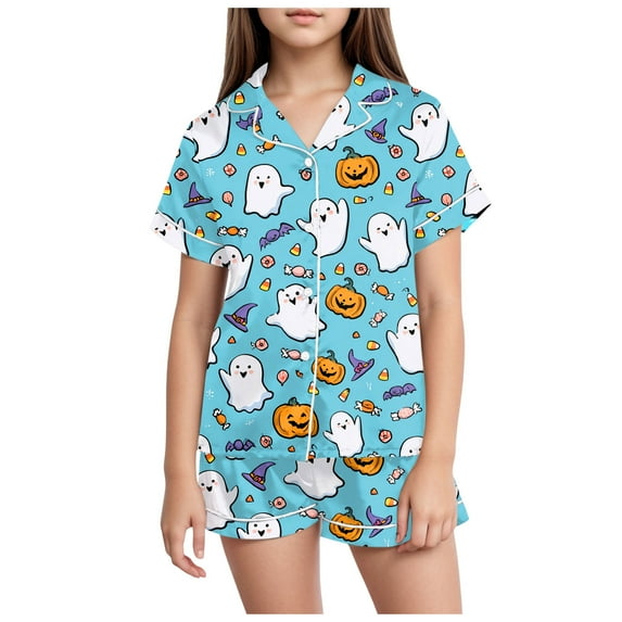 NIEWTR Kids Girls Pajama Set Halloween Spooky Ghost Painted Short Sleeve Shirts and Elastic Waist Shorts Loungewear Girls Halloween Pajamas Shorts Sets (6-7 Years,Sky Blue)