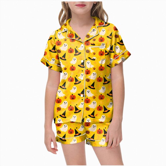NIEWTR Kids Girls Short Sleeve Pajamas Set Halloween Pumpkin Ghost Print Collared Tops and Shorts Pjs Set Soft Comfortable Kids Halloween 2 Pieces Loungewear