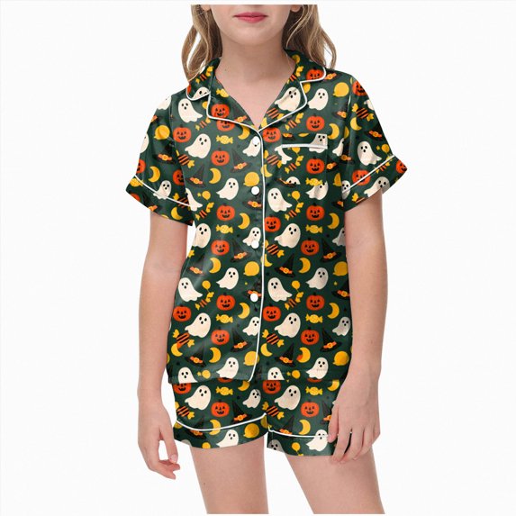NIEWTR Kids Girls Short Sleeve Pajamas Set Halloween Pumpkin Ghost Print Collared Tops and Shorts Pjs Set Soft Comfortable Kids Halloween 2 Pieces Loungewear