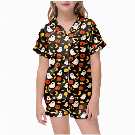 NIEWTR Kids Girls Short Sleeve Pajamas Set Halloween Pumpkin Ghost Print Collared Tops and Shorts Pjs Set Soft Comfortable Kids Halloween 2 Pieces Loungewear