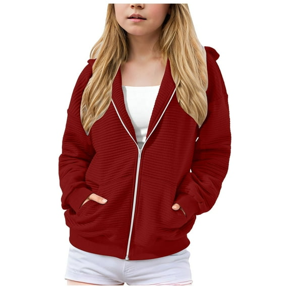NIEWTR Kids Girls Zip up Sweatshirt Solid Hoodie Solid Color Sweatshirt Youth Fashion Hooded Coat with Pockets (7-8 Years,Z01-Brick Red)