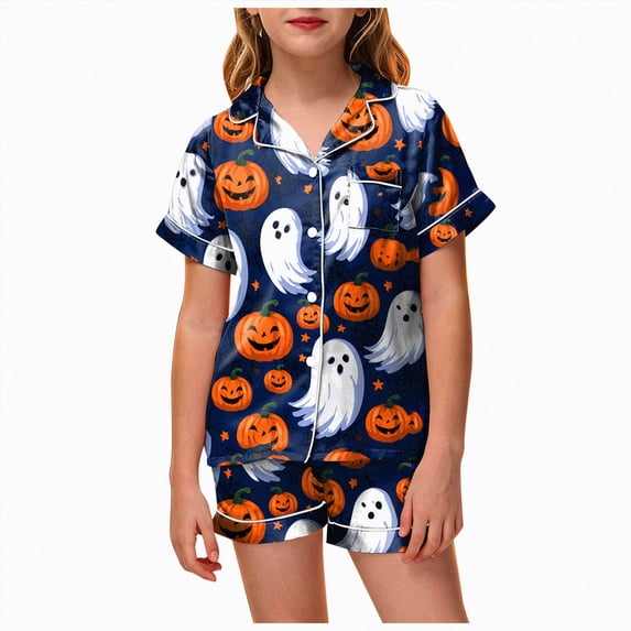 NIEWTR Kids Halloween Pajamas Halloween Loungewear Short Sleeve Lapel Top and Shorts Homewear Girls' Pajama Sets