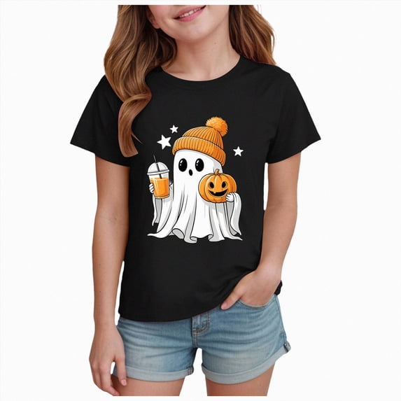 NIEWTR Kids Halloween Shirt Halloween T-Shirts for Toddler Girls Short Sleeve Crew Neck Ghost Pumpkin Tees Tops 3T 4T(13-14 Years)