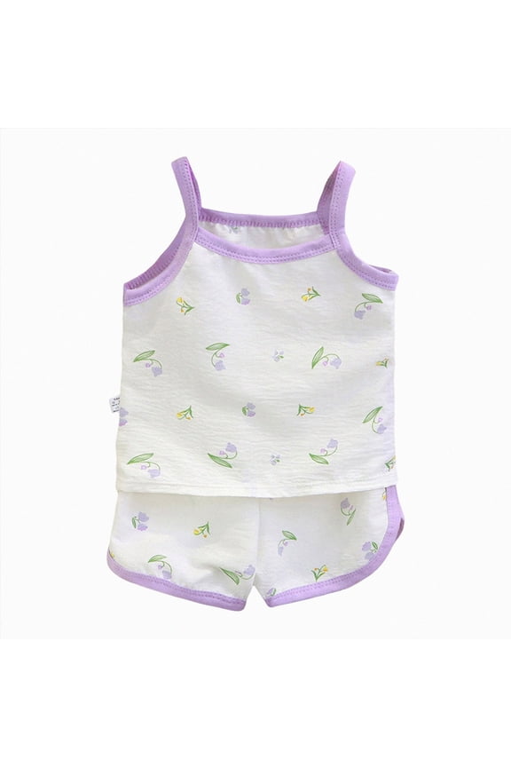 Kids Pajamas 2Pcs Sleeveless Set Baby Girl Soft Tee & Shorts Toddler Children Breathable Sleepwear Loungewear Daily Wear 12 18 24 Months 3T(A-Purple,12-18 Months)
