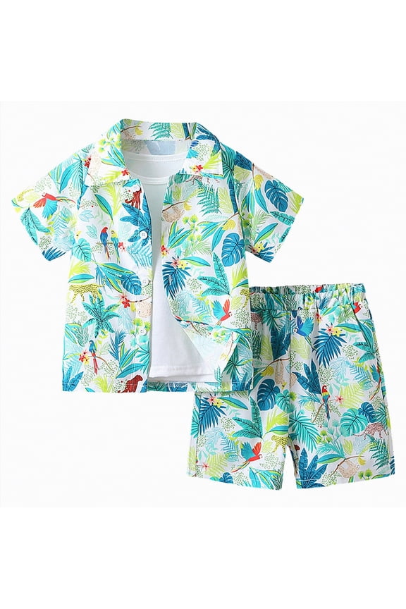 Kids Summer Beach Outfit Boys 2 Piece Set Button Down Floral Shirt and Linen Shorts Casual Vacation Clothes Boys Gift Set(A1-Green,3-4 Years)