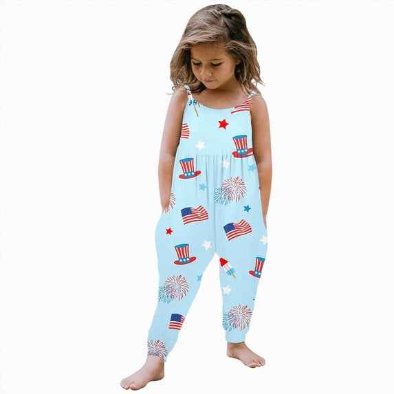 NIEWTR Kids Summer Clothes Baby Girl 4th Of July Toddler Kids Girl Independence Day Sleeveless Summer Romper Jumpsuit Playsuit Clothes(A-Light Blue,1-2 Years)
