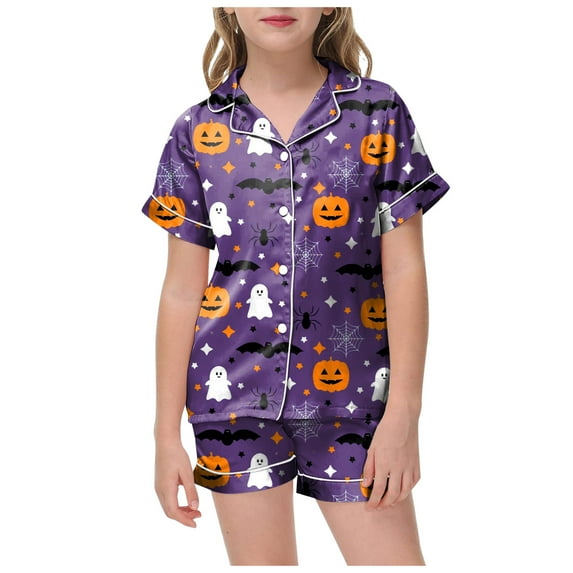 Caqnni Kids Unisex Pjs Set Girls Boys Silk Pajama Sets Satin Clasic Sleepwear Summer 2 Pieces Button Down Nighty Girls Halloween Pajamas Shorts Sets (12-13 Years,Purple)